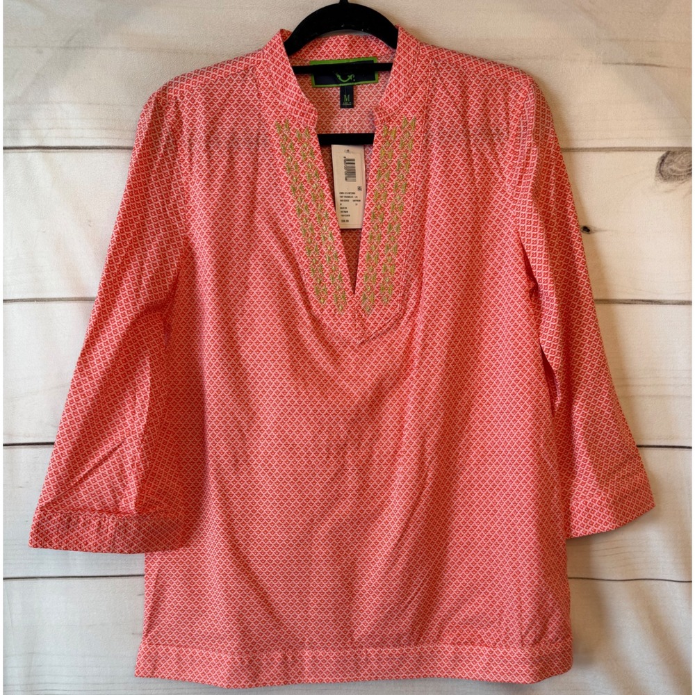 C. Wonder Saffron Orange Triangle Print Embroidered Cotton Tunic Top M NWT